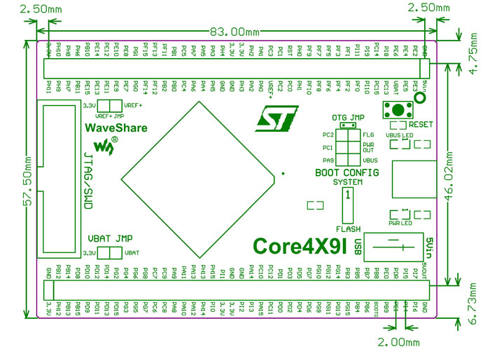 STM32 MCU core board dimensions