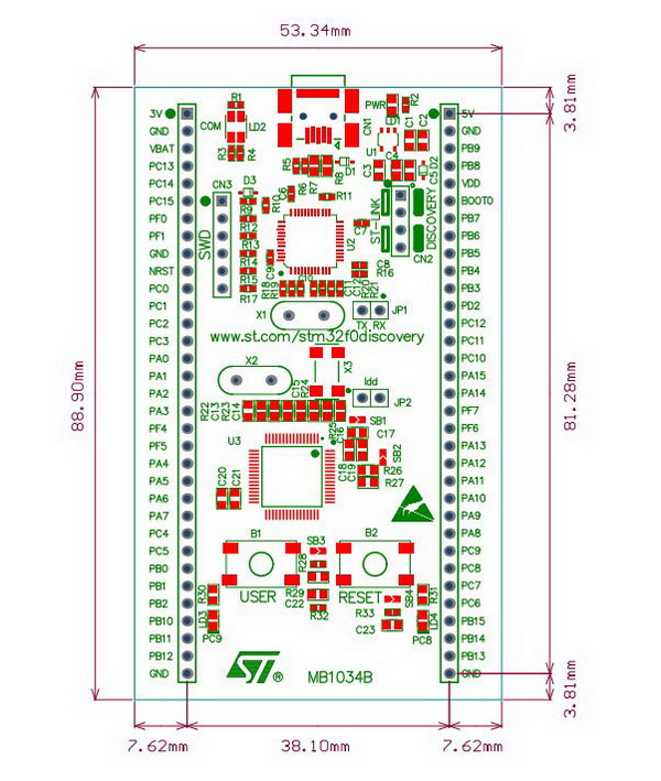 STM32F0DISCOVERY board dimensions