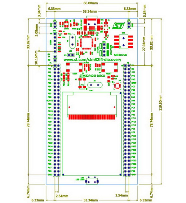 STM32F429I-DISCO board dimensions